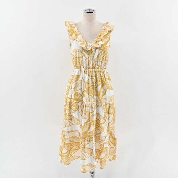 SUGAR LIPS Dress Size XS Yellow Tropical Print Poplin Cotton Ruffle Tiered Midi - Picture 1 of 12